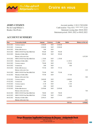 Download Cote d'Ivoire Attijariwafa bank statement excel Photoshop template